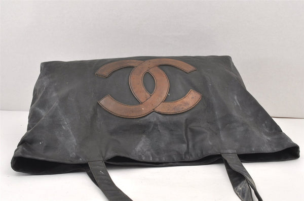 Authentic CHANEL Vintage CC Logo Shoulder Tote Bag PVC Leather Black 1653K