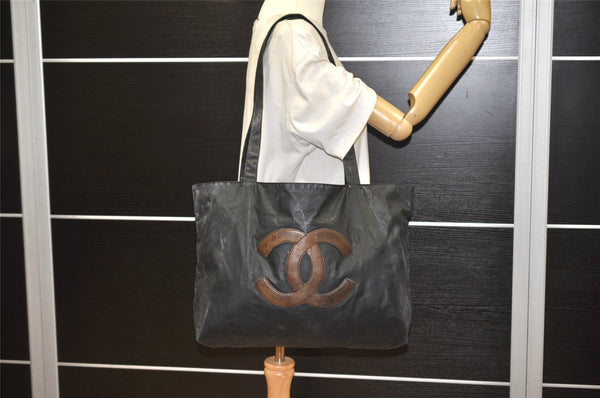 Authentic CHANEL Vintage CC Logo Shoulder Tote Bag PVC Leather Black 1653K