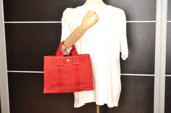 Authentic HERMES Vintage Deauville PM Hand Tote Bag Purse Canvas Red 1655K