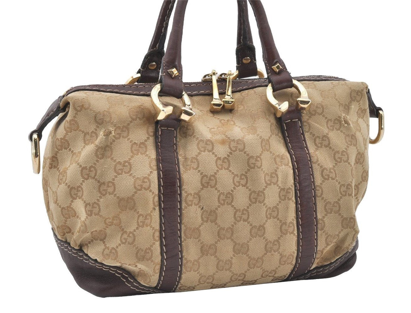 Authentic GUCCI 2Way Hand Bag GG Canvas Leather 189893 Beige Brown 1656J