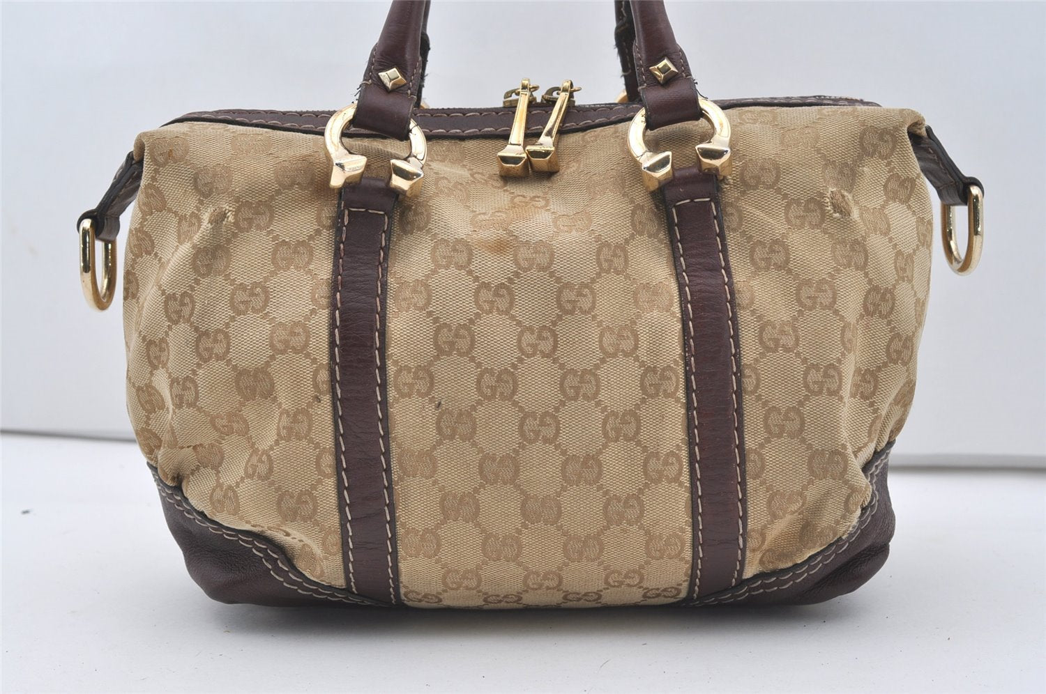 Authentic GUCCI 2Way Hand Bag GG Canvas Leather 189893 Beige Brown 1656J