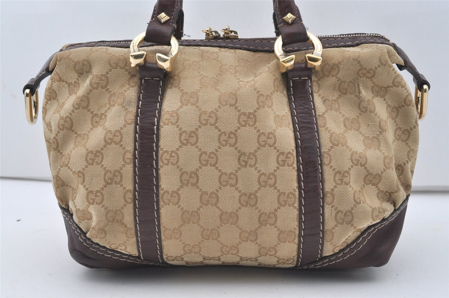 Authentic GUCCI 2Way Hand Bag GG Canvas Leather 189893 Beige Brown 1656J