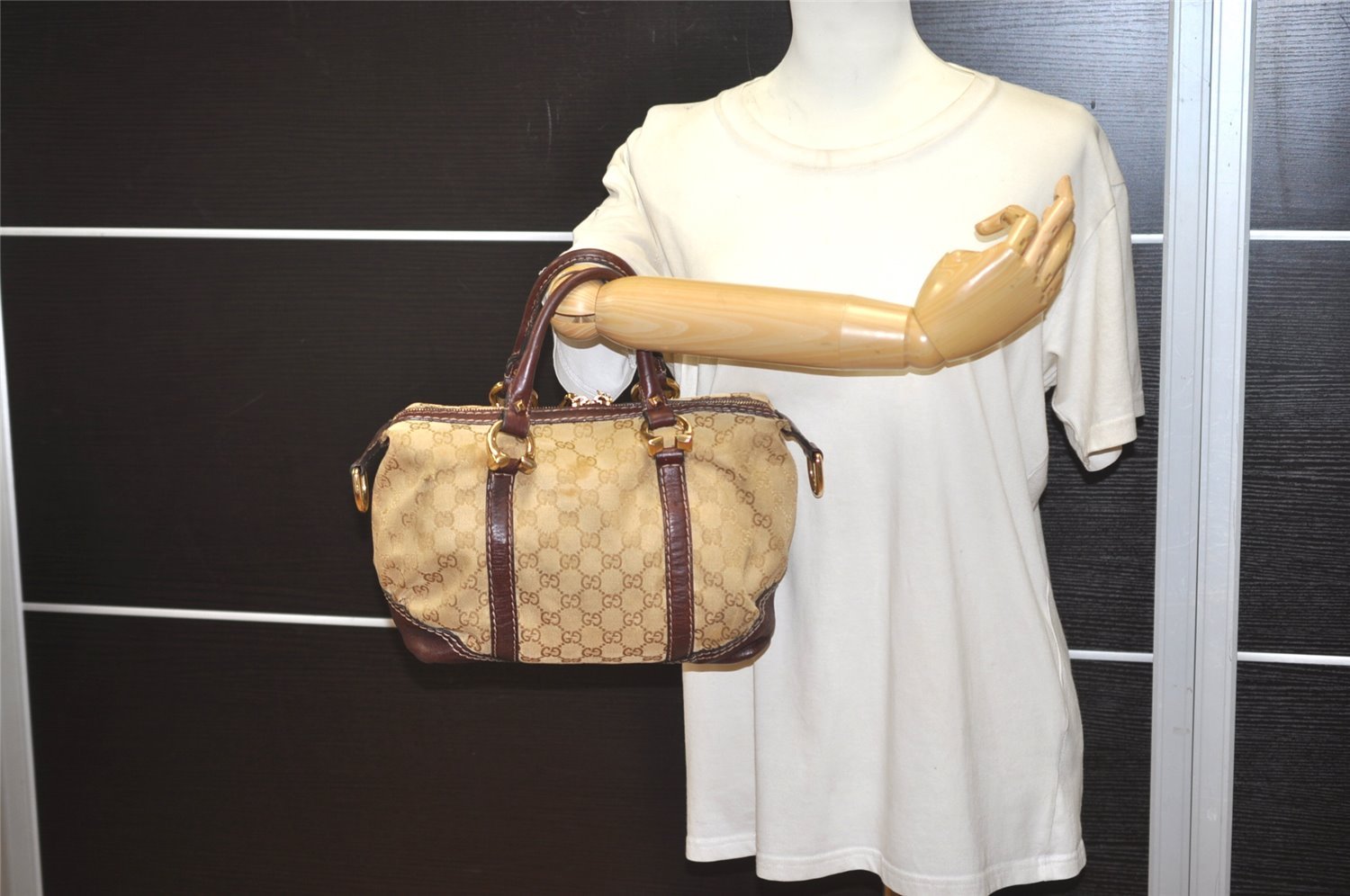 Authentic GUCCI 2Way Hand Bag GG Canvas Leather 189893 Beige Brown 1656J