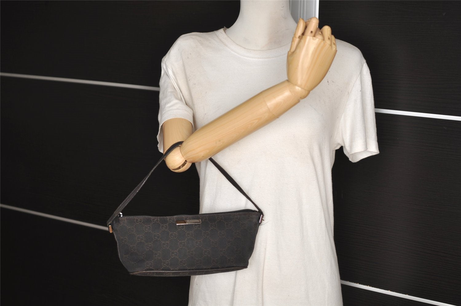 Authentic GUCCI Vintage Hand Bag Pouch Purse GG Canvas Leather 07198 Brown 1657J
