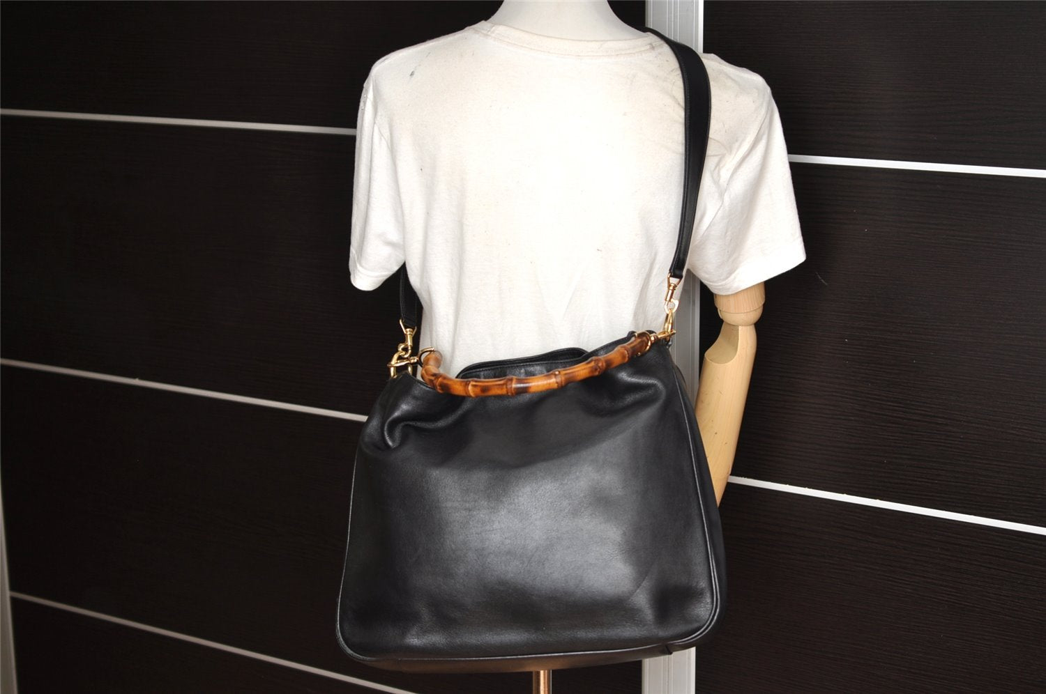 Authentic GUCCI Bamboo 2Way Shoulder Hand Bag Leather Black 0011577 Junk 1657K