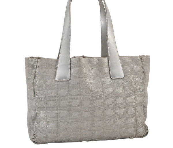 Authentic CHANEL New Travel Line Shoulder Tote Bag Nylon Leather Silver 1659K