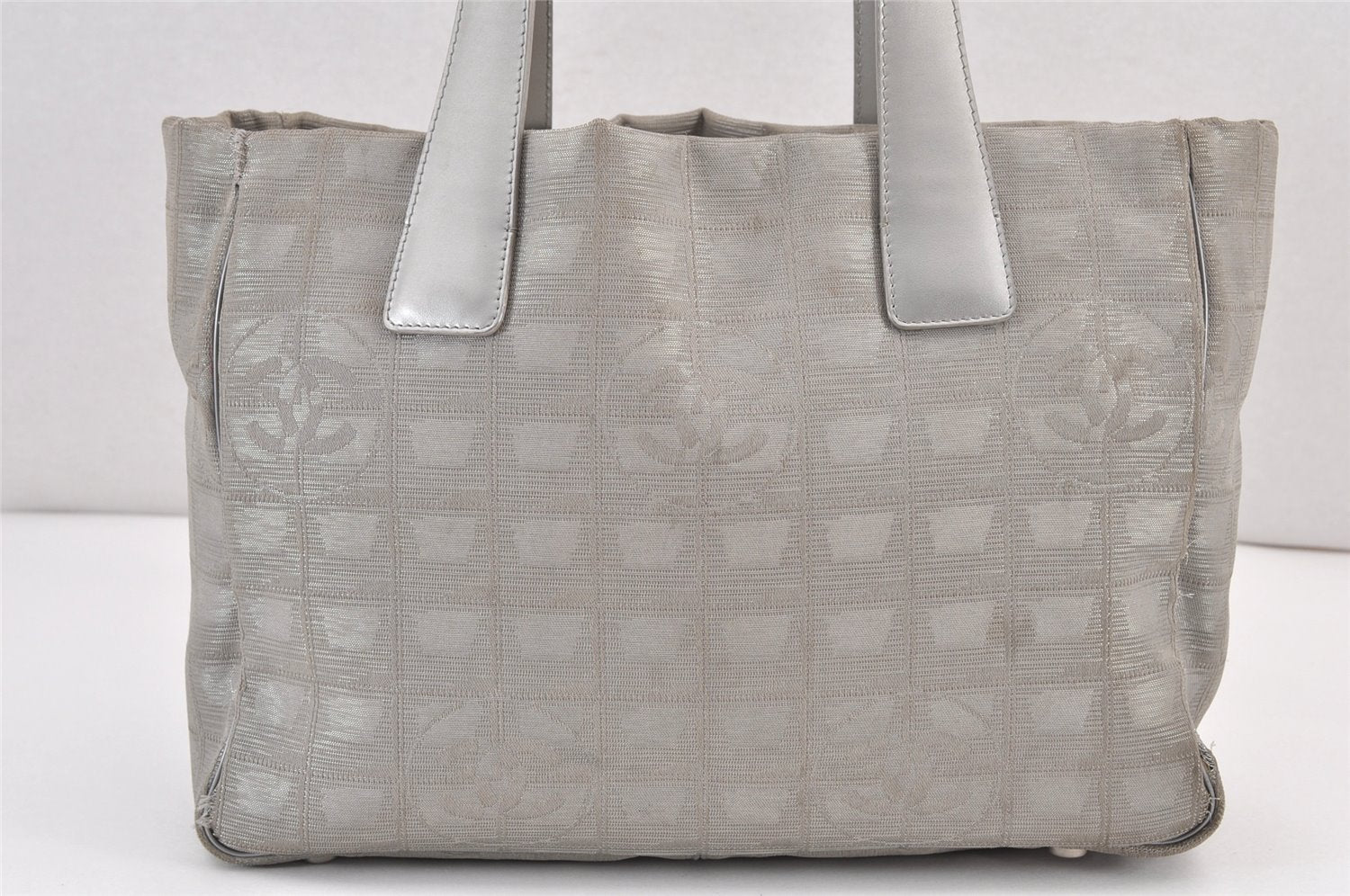 Authentic CHANEL New Travel Line Shoulder Tote Bag Nylon Leather Silver 1659K