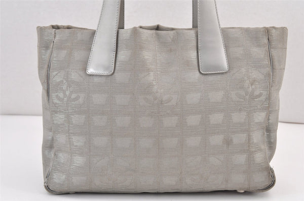 Authentic CHANEL New Travel Line Shoulder Tote Bag Nylon Leather Silver 1659K