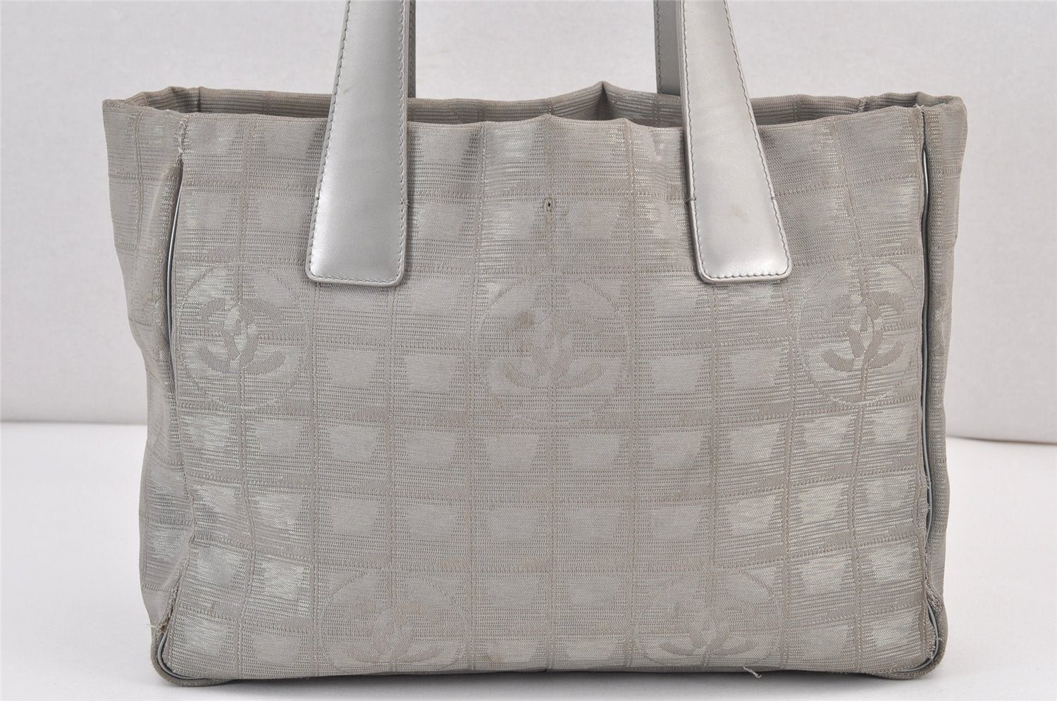 Authentic CHANEL New Travel Line Shoulder Tote Bag Nylon Leather Silver 1659K
