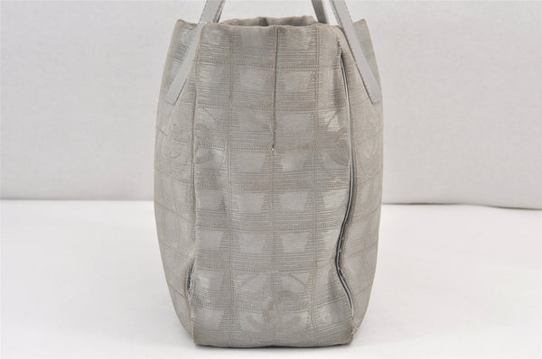 Authentic CHANEL New Travel Line Shoulder Tote Bag Nylon Leather Silver 1659K