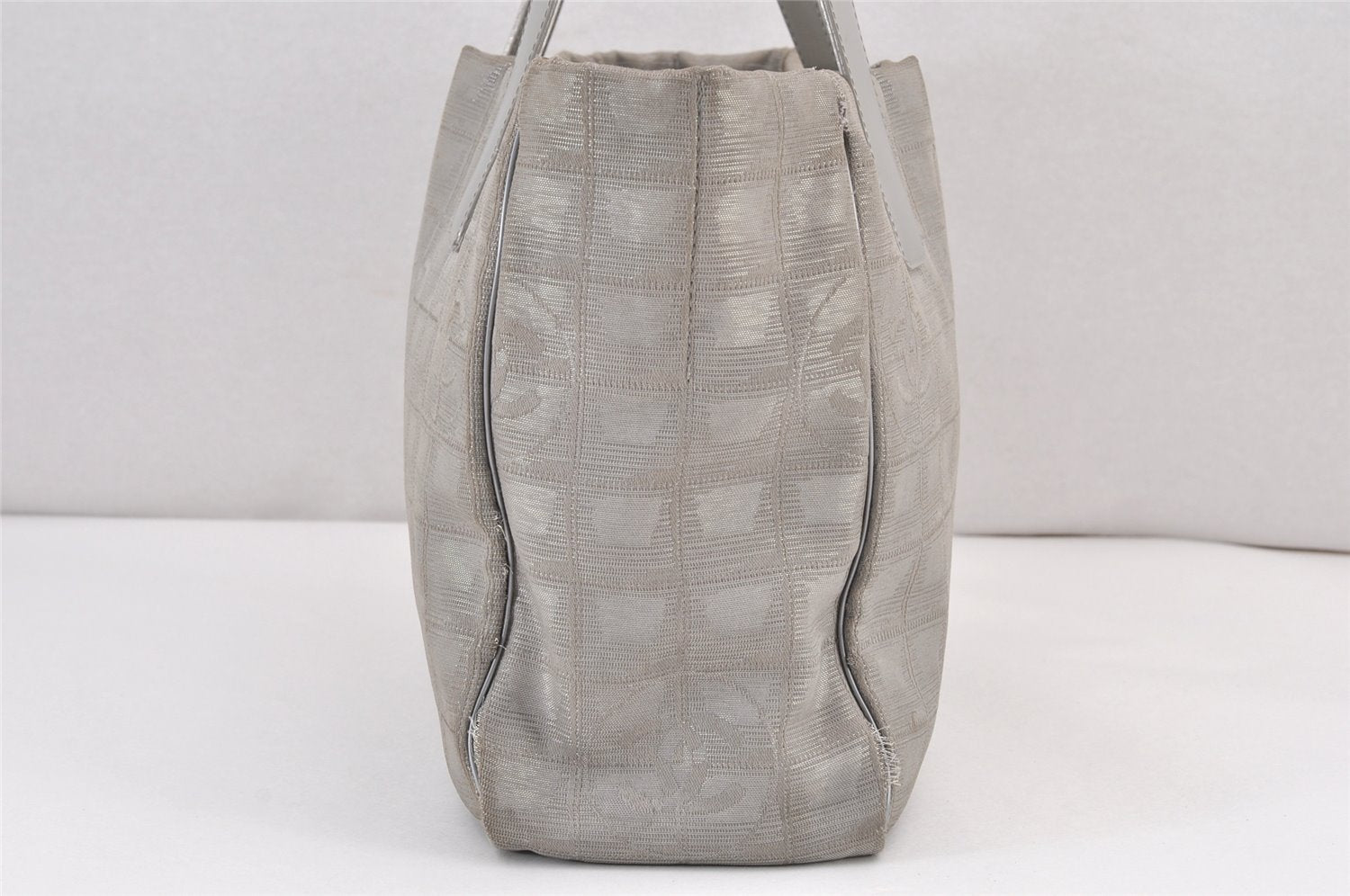 Authentic CHANEL New Travel Line Shoulder Tote Bag Nylon Leather Silver 1659K