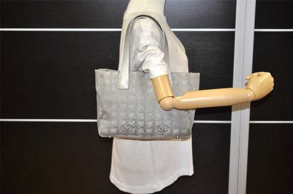 Authentic CHANEL New Travel Line Shoulder Tote Bag Nylon Leather Silver 1659K