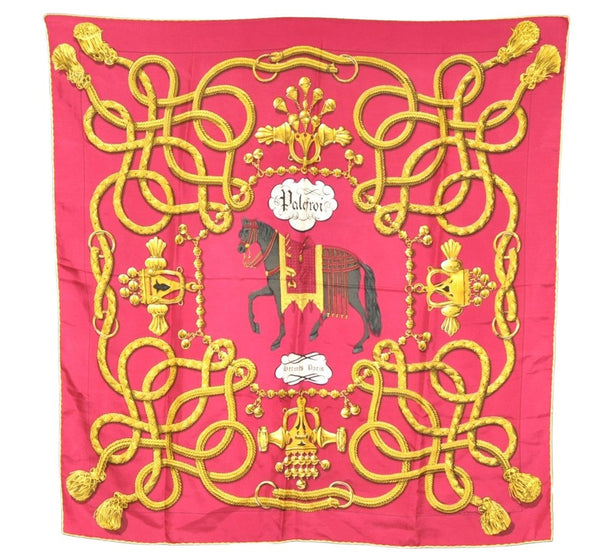 Authentic HERMES Carre 90 Scarf "Palefroi" Silk Bordeaux Red Yellow 1660K