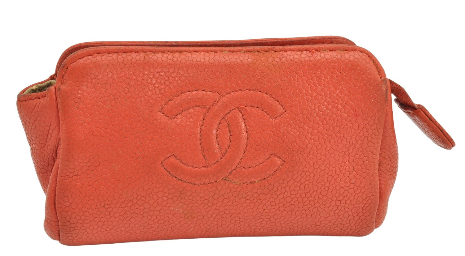 Authentic CHANEL Caviar Skin CC Logo Cosmetic Pouch Purse Orange Junk 1661K