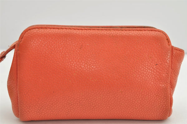 Authentic CHANEL Caviar Skin CC Logo Cosmetic Pouch Purse Orange Junk 1661K