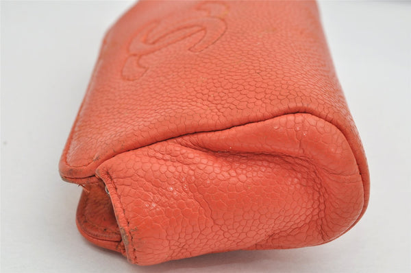 Authentic CHANEL Caviar Skin CC Logo Cosmetic Pouch Purse Orange Junk 1661K