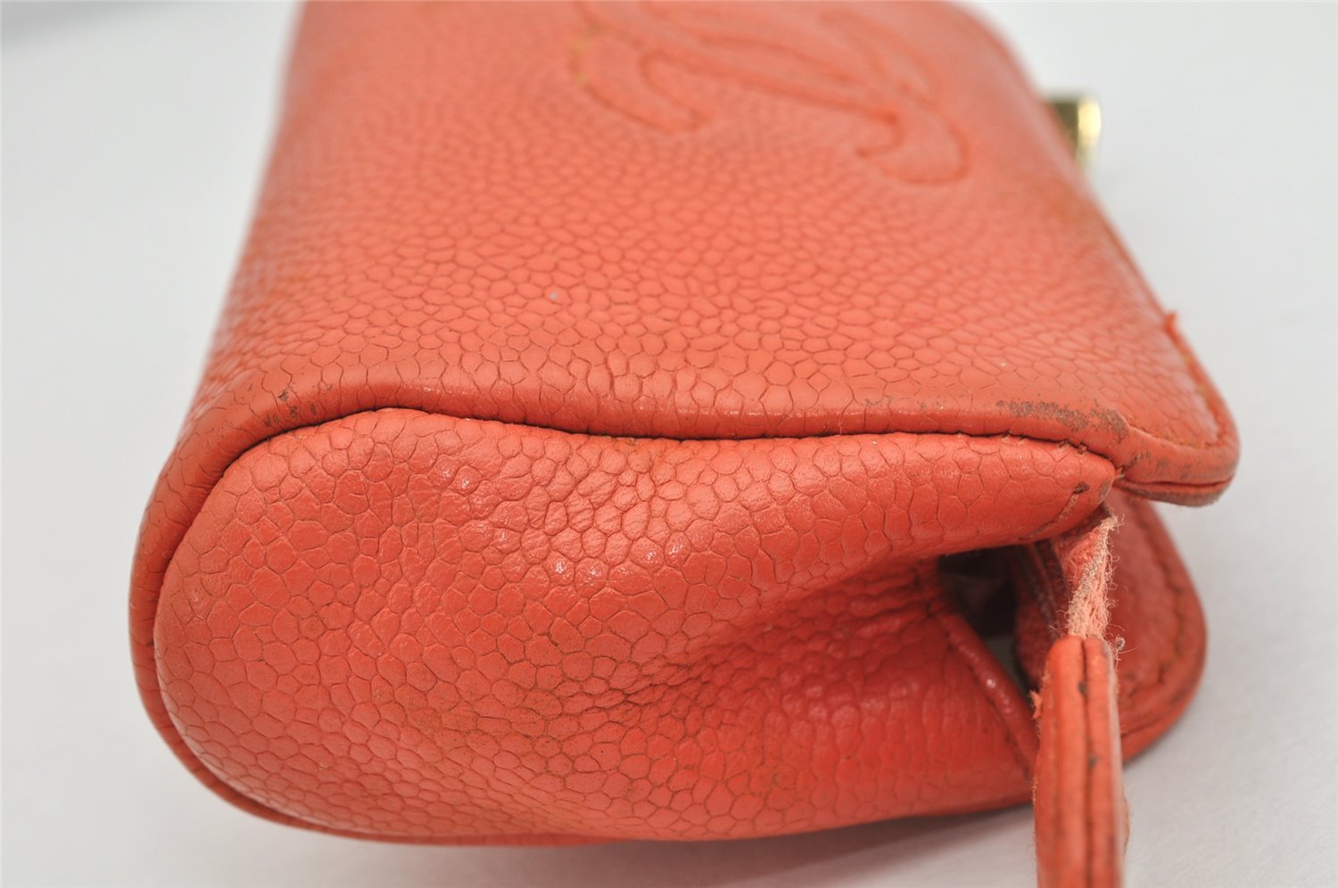 Authentic CHANEL Caviar Skin CC Logo Cosmetic Pouch Purse Orange Junk 1661K