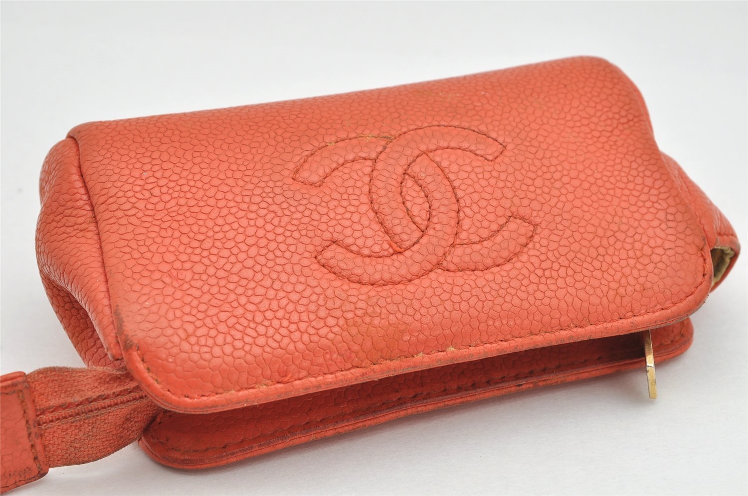 Authentic CHANEL Caviar Skin CC Logo Cosmetic Pouch Purse Orange Junk 1661K