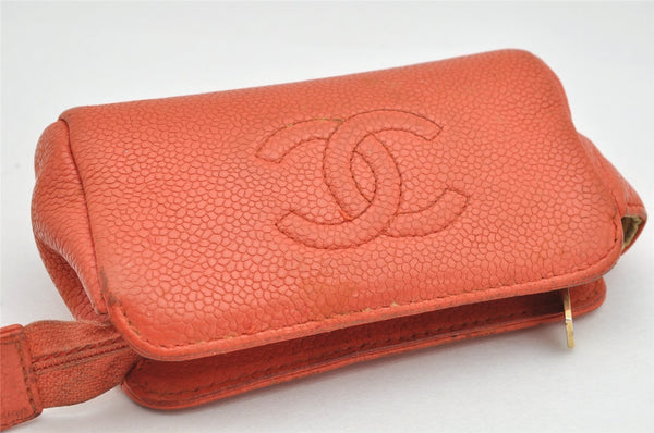 Authentic CHANEL Caviar Skin CC Logo Cosmetic Pouch Purse Orange Junk 1661K
