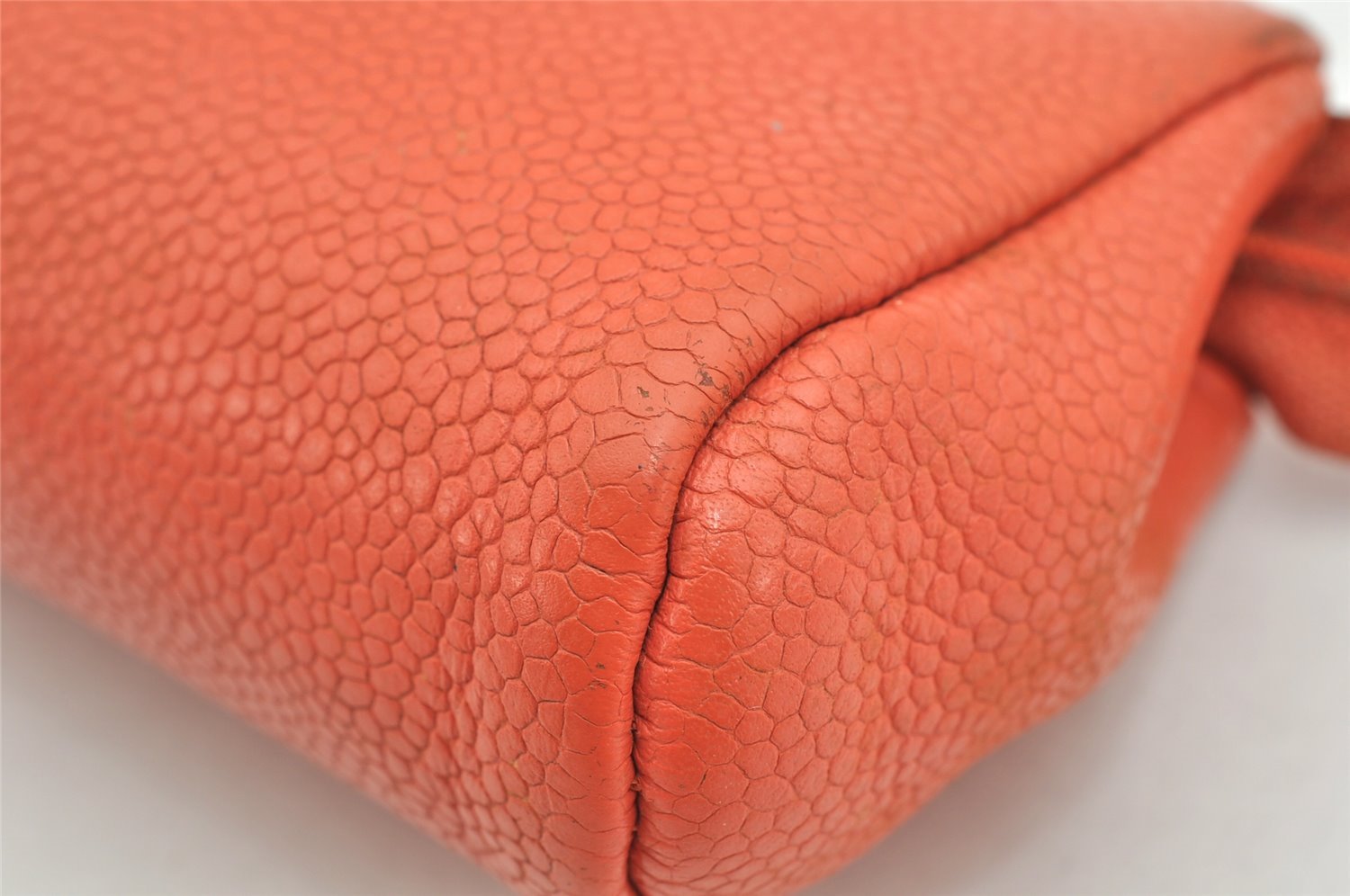 Authentic CHANEL Caviar Skin CC Logo Cosmetic Pouch Purse Orange Junk 1661K