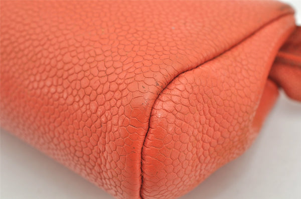 Authentic CHANEL Caviar Skin CC Logo Cosmetic Pouch Purse Orange Junk 1661K