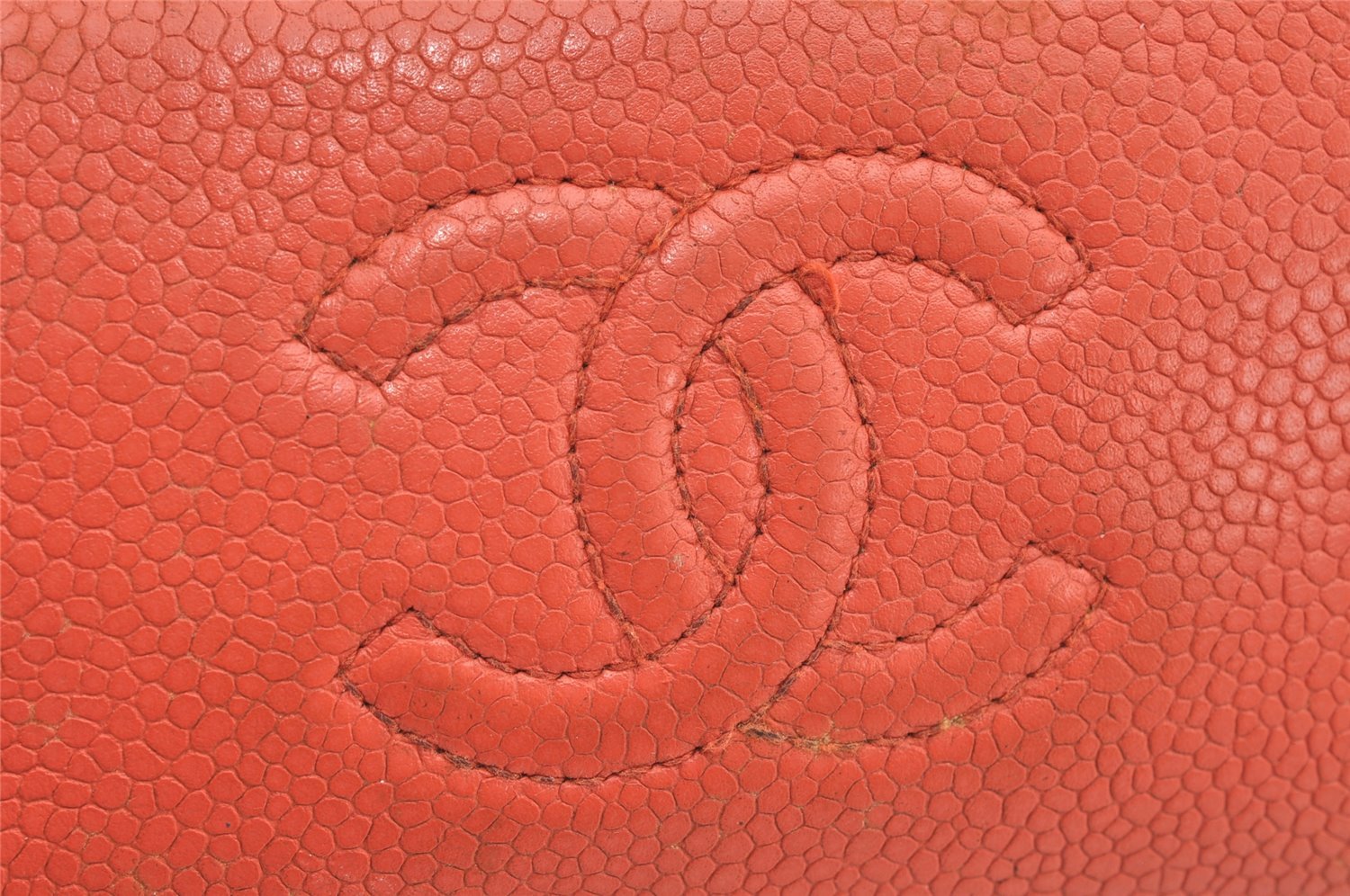 Authentic CHANEL Caviar Skin CC Logo Cosmetic Pouch Purse Orange Junk 1661K