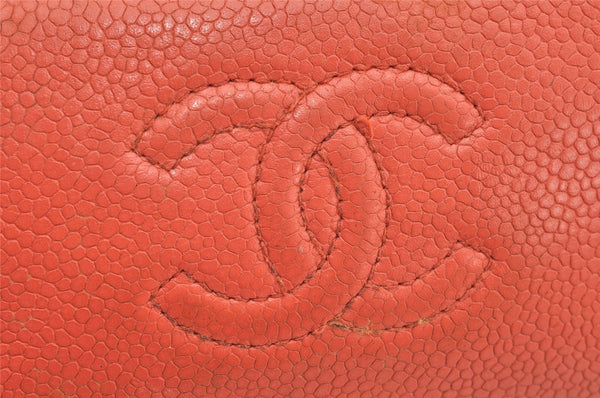 Authentic CHANEL Caviar Skin CC Logo Cosmetic Pouch Purse Orange Junk 1661K