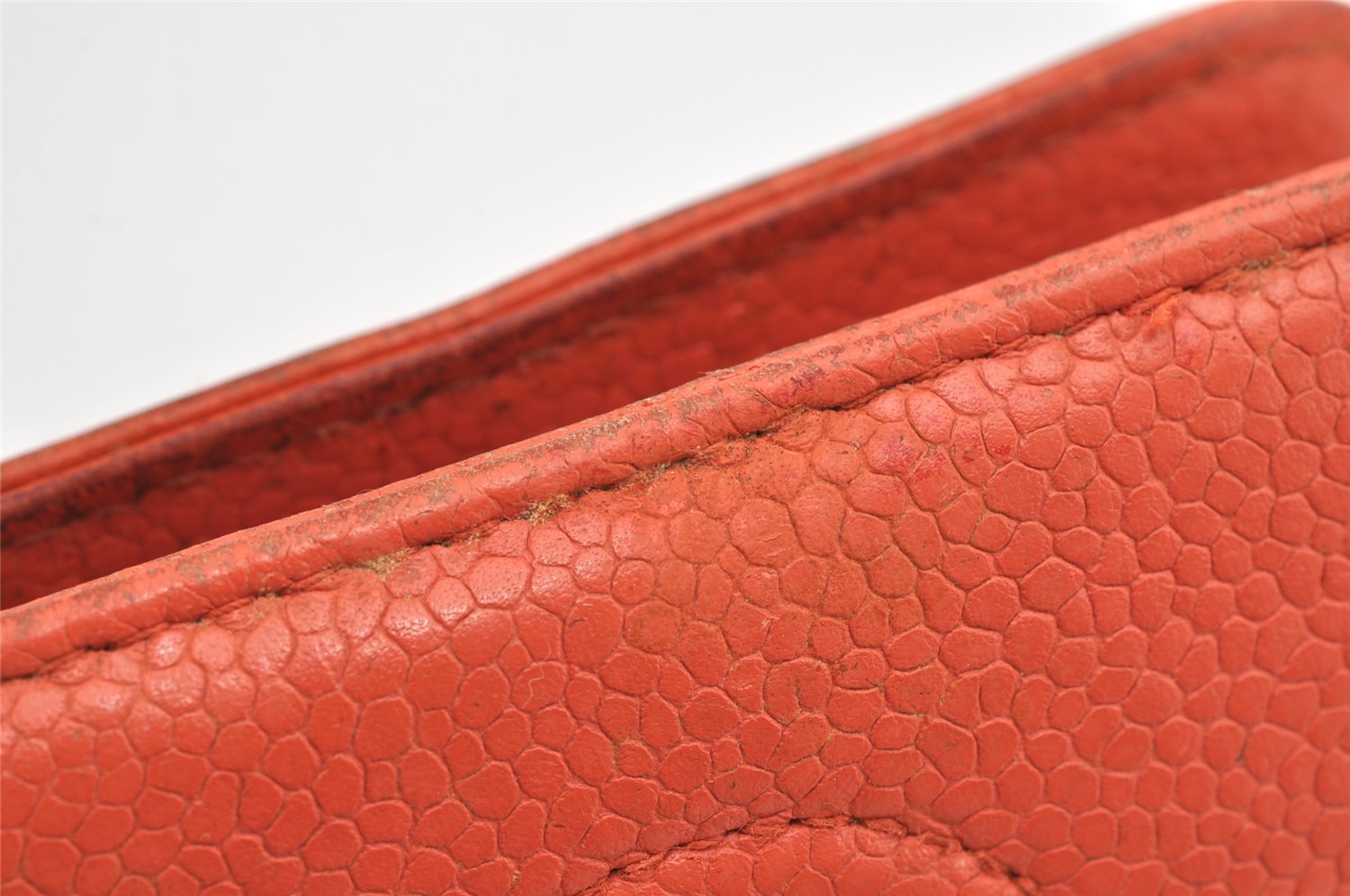 Authentic CHANEL Caviar Skin CC Logo Cosmetic Pouch Purse Orange Junk 1661K