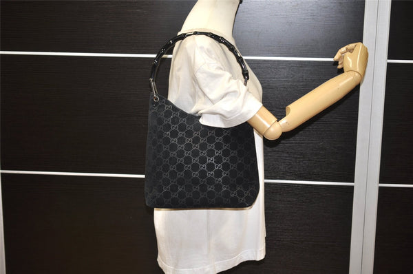 Authentic GUCCI Bamboo Shoulder Bag GG Suede Leather Black 0013007 Junk 1663K