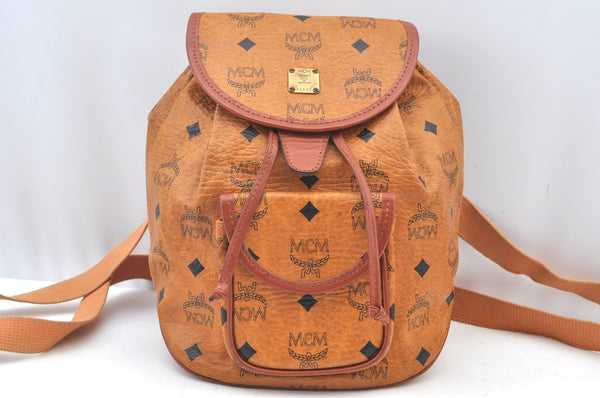 Authentic MCM Visetos Leather Vintage Drawstring Backpack Purse Brown 1673I