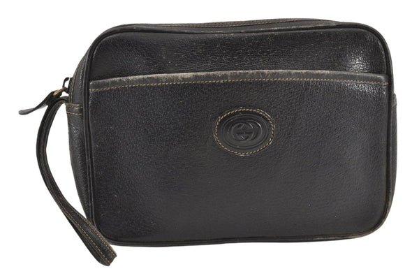 Authentic GUCCI Vintage Clutch Hand Bag Purse Leather Black Junk 1674K