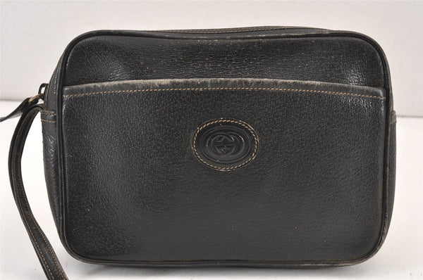 Authentic GUCCI Vintage Clutch Hand Bag Purse Leather Black Junk 1674K