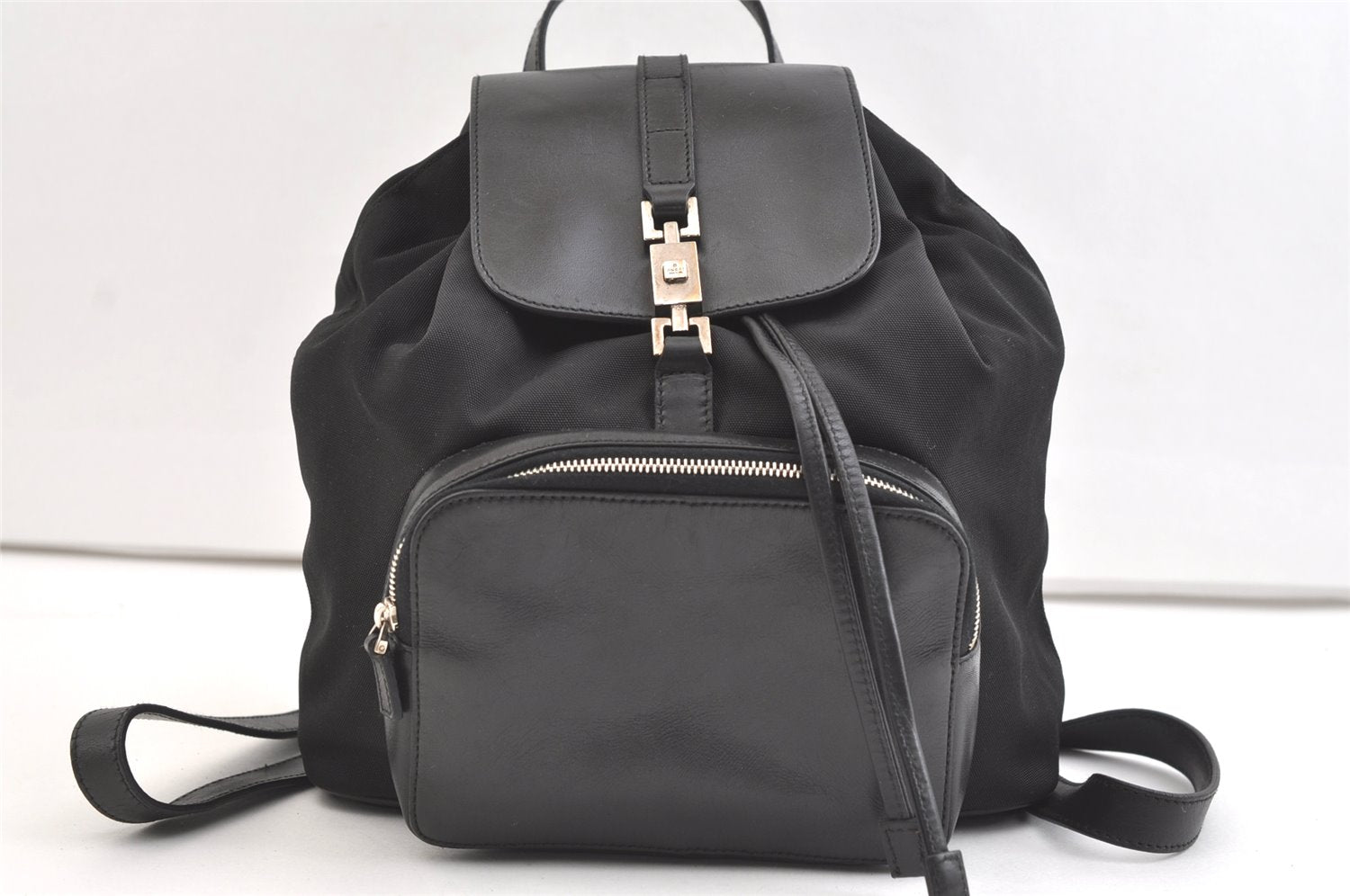 Authentic GUCCI Jackie Drawstring Backpack Nylon Leather 0030245 Black 1676K