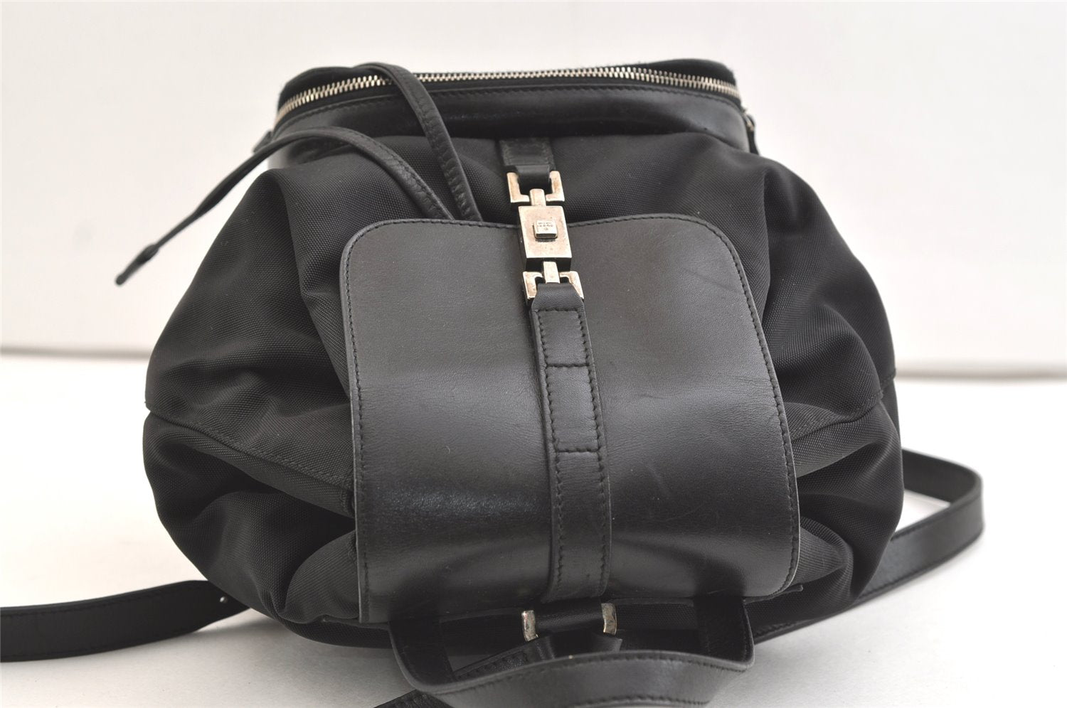 Authentic GUCCI Jackie Drawstring Backpack Nylon Leather 0030245 Black 1676K