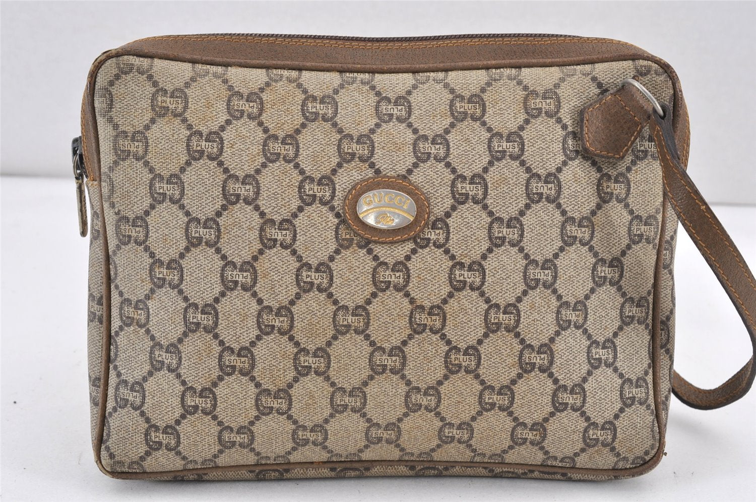 Authentic GUCCI GG Plus Clutch Hand Bag Purse GG PVC Leather Brown Junk 1682K