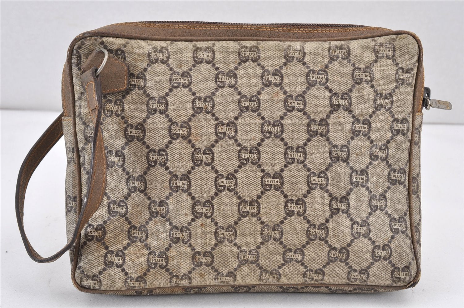 Authentic GUCCI GG Plus Clutch Hand Bag Purse GG PVC Leather Brown Junk 1682K