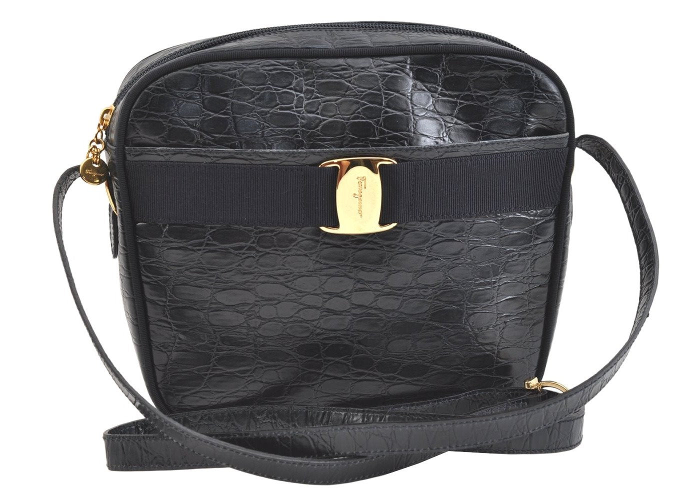 Authentic Salvatore Ferragamo Vara Shoulder Cross Bag Leather Navy Blue SF 1699K
