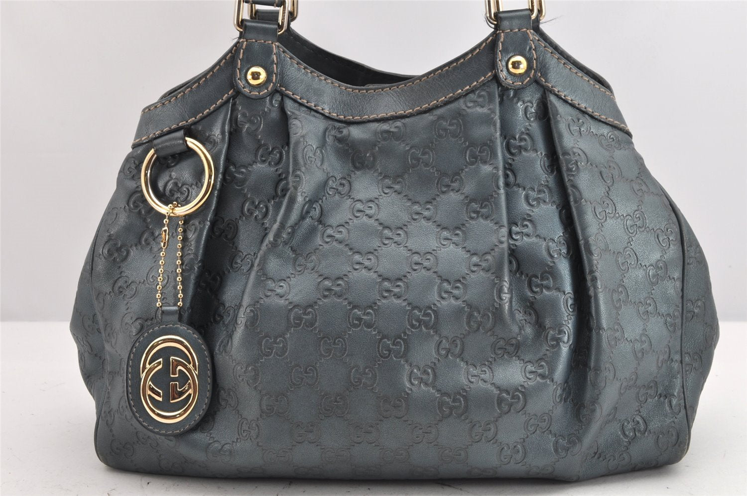 Authentic GUCCI Guccissima Sukey Shoulder Tote Bag GG Leather 211944 Blue 1724K