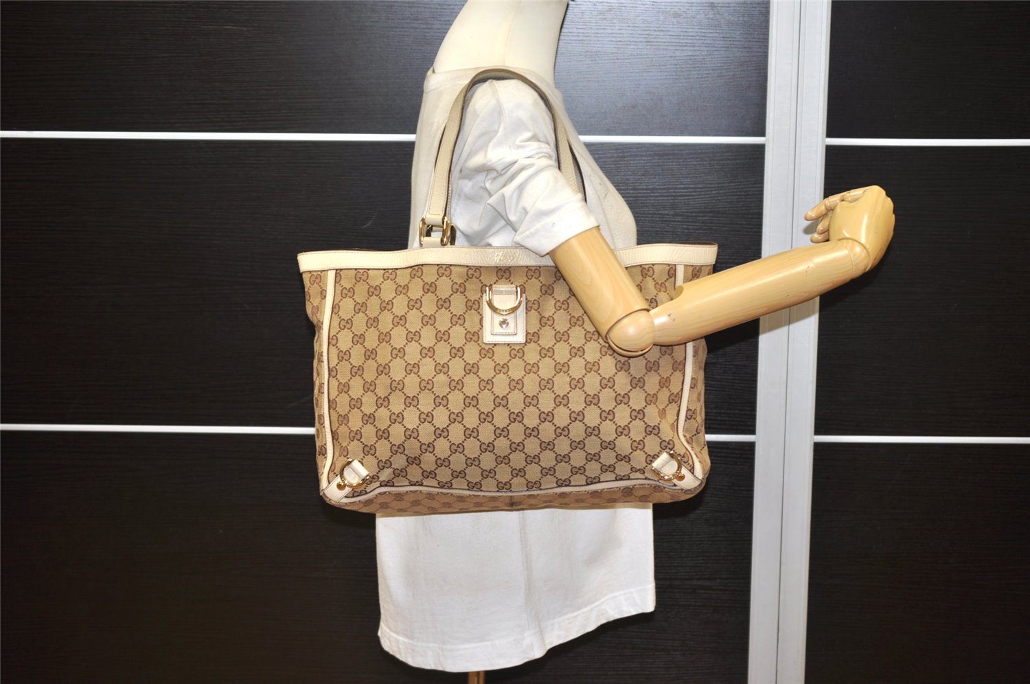 Authentic GUCCI Abbey Shoulder Tote Bag GG Canvas Leather 141472 Brown 1725K