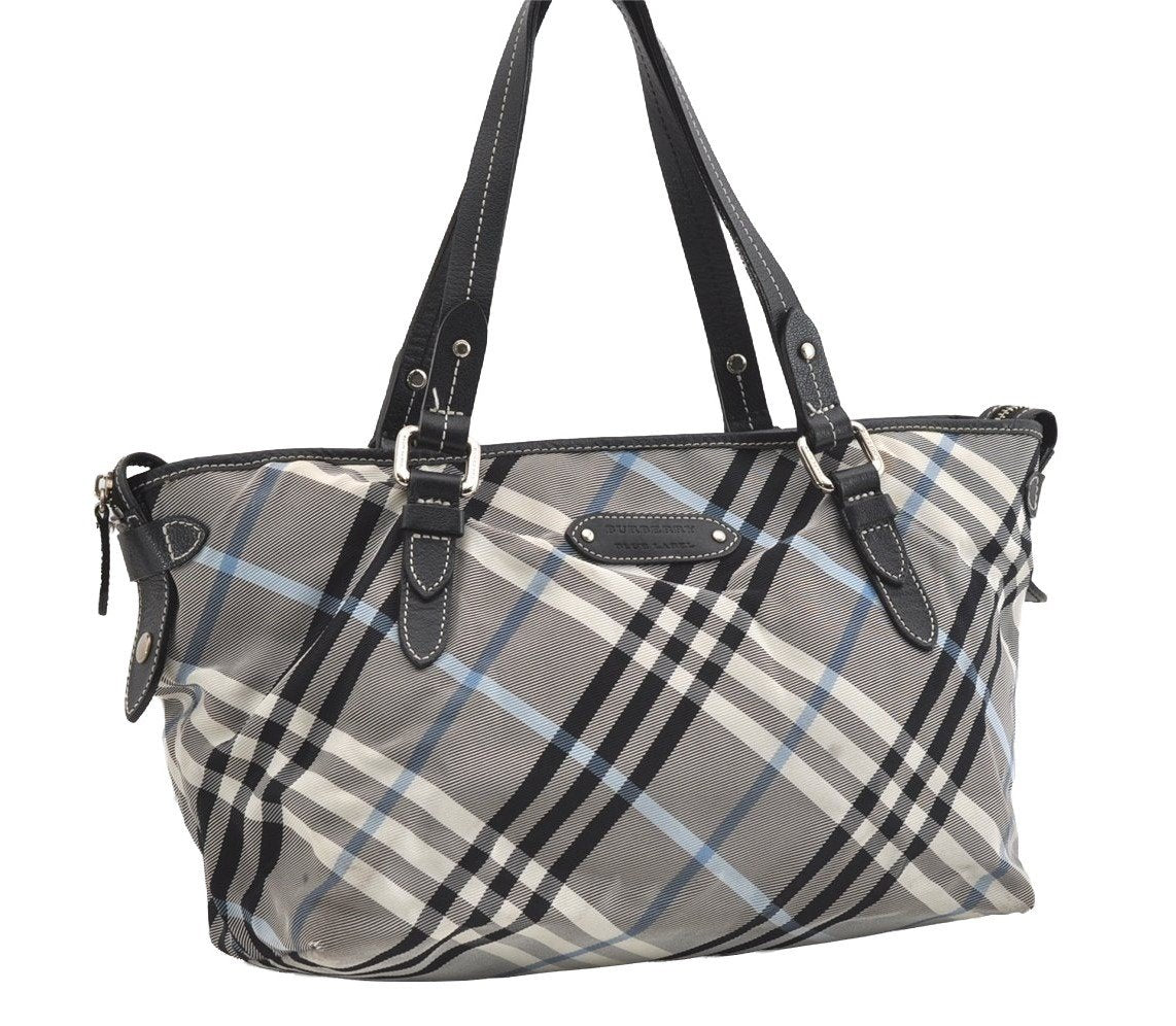 Authentic BURBERRY BLUE LABEL Check Shoulder Tote Bag Nylon Leather Black 1726J