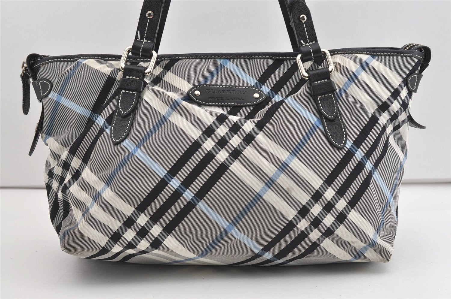 Authentic BURBERRY BLUE LABEL Check Shoulder Tote Bag Nylon Leather Black 1726J