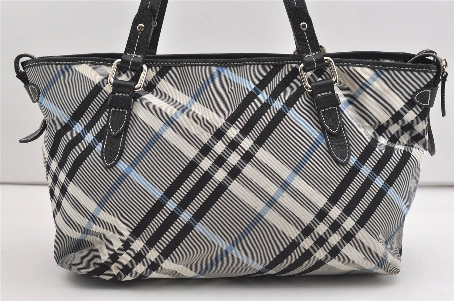 Authentic BURBERRY BLUE LABEL Check Shoulder Tote Bag Nylon Leather Black 1726J