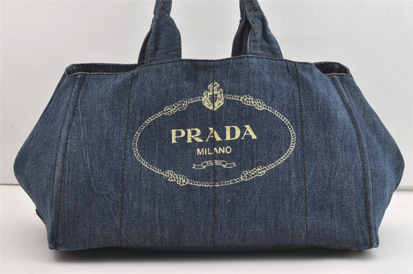 Authentic PRADA Vintage Canapa L Canvas Tote Hand Bag Denim Blue 1742J