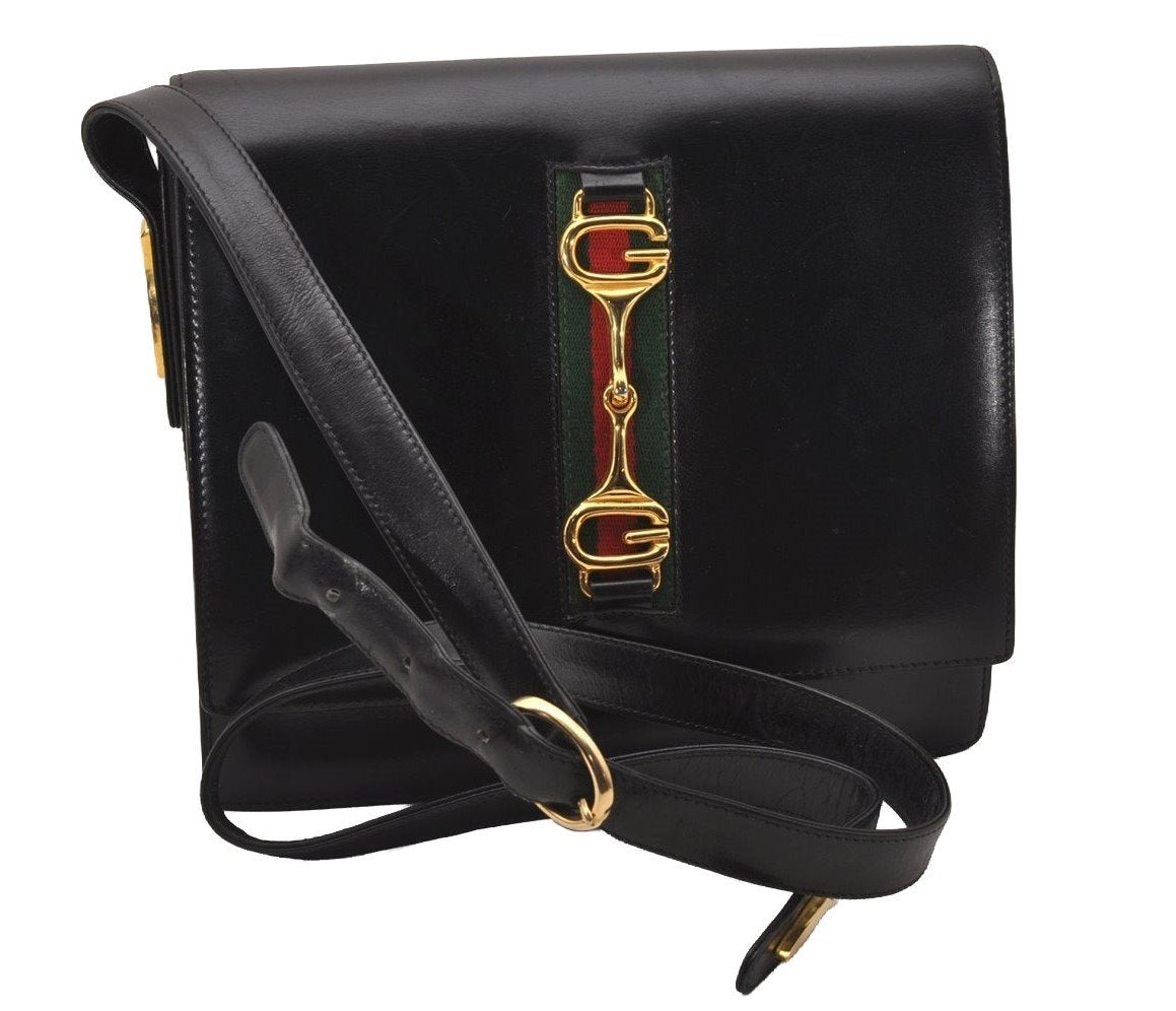 Authentic GUCCI Web Sherry Line Horsebit Shoulder Bag Leather Black Junk 1747J