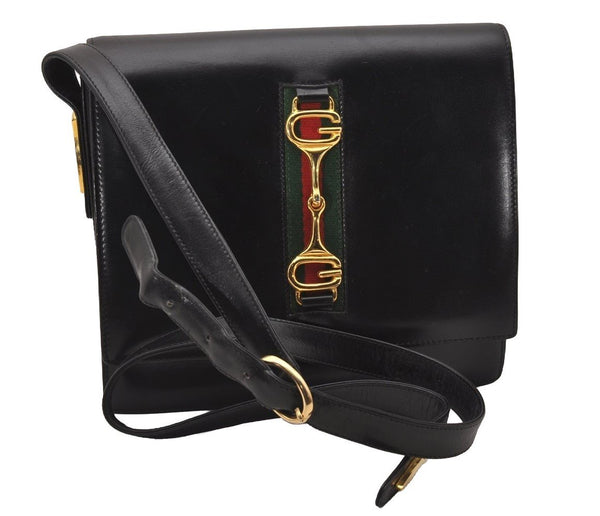 Authentic GUCCI Web Sherry Line Horsebit Shoulder Bag Leather Black Junk 1747J