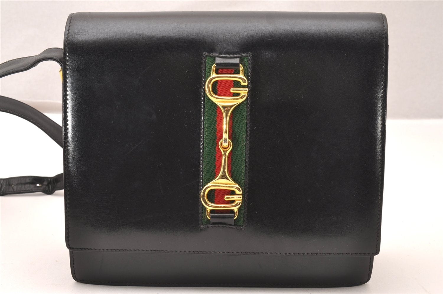 Authentic GUCCI Web Sherry Line Horsebit Shoulder Bag Leather Black Junk 1747J