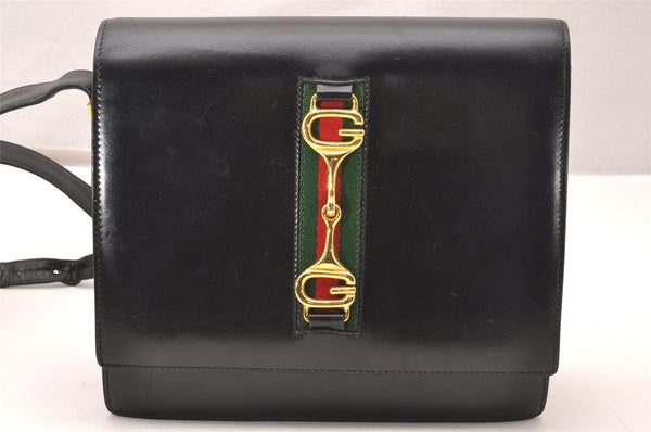 Authentic GUCCI Web Sherry Line Horsebit Shoulder Bag Leather Black Junk 1747J