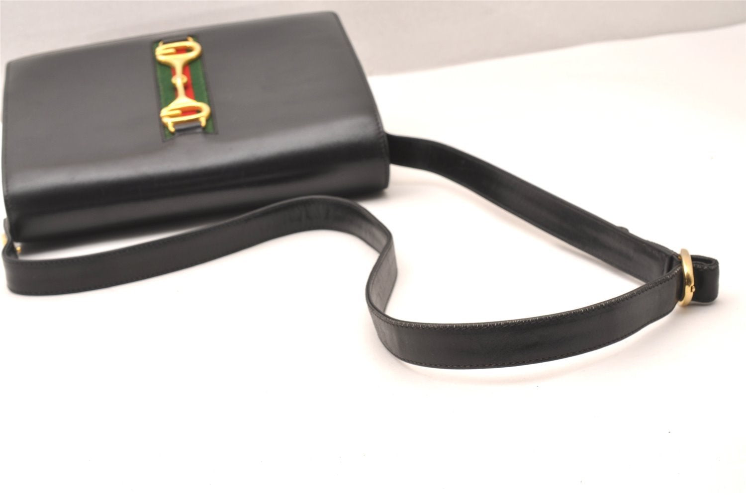 Authentic GUCCI Web Sherry Line Horsebit Shoulder Bag Leather Black Junk 1747J