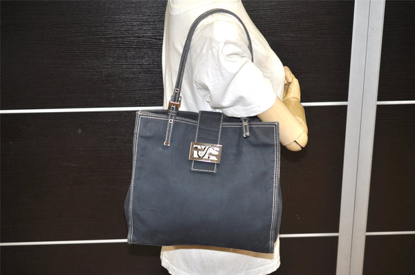 Authentic FENDI Vintage Canvas Leather Shoulder Tote Bag Purse Navy Blue 1754K