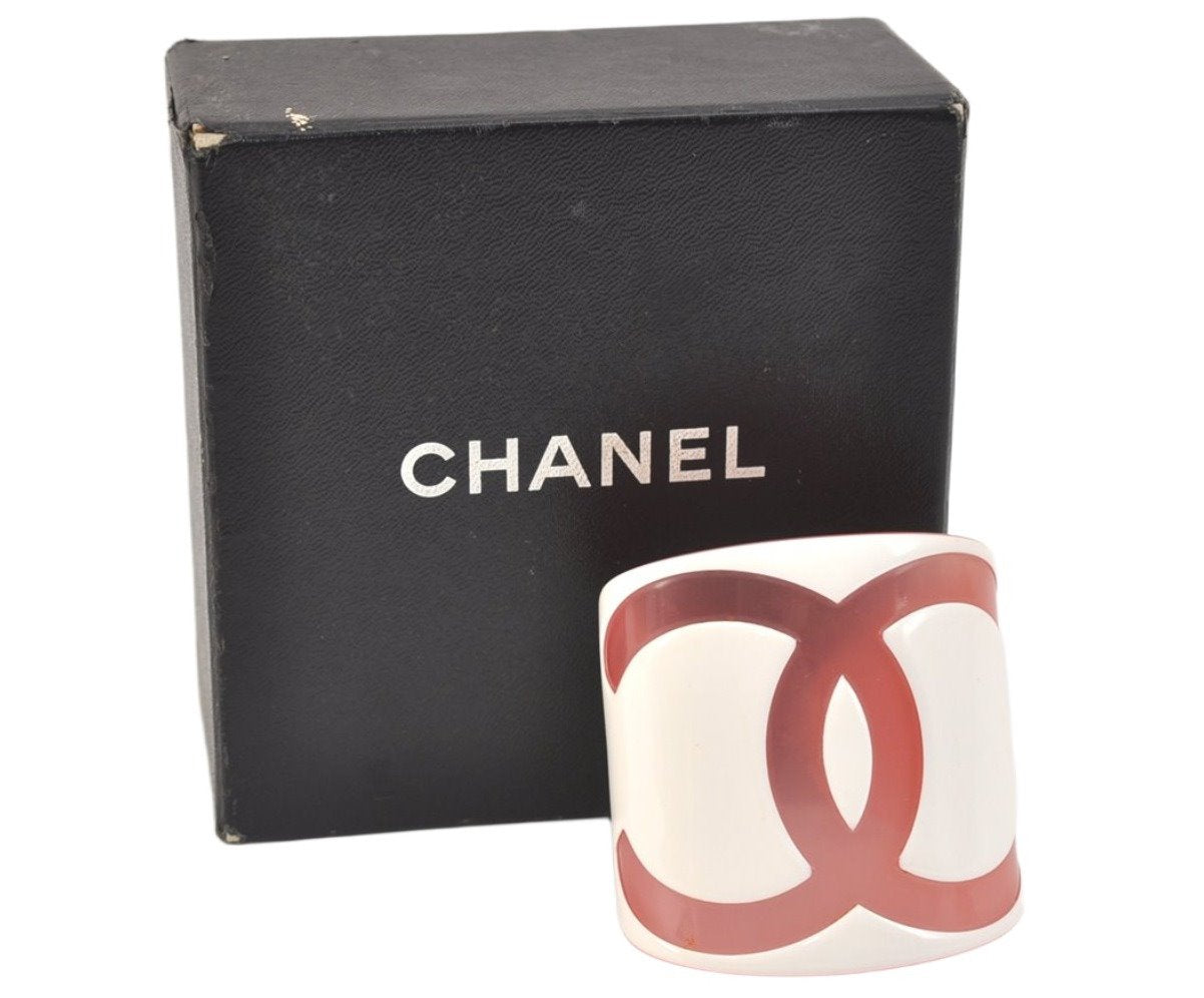 Authentic CHANEL Bangle CC Logos CoCo Mark Bracelet Plastic Pink White Box 1755L